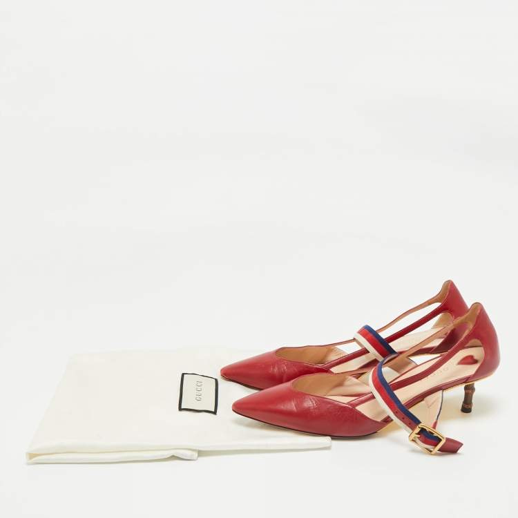 Pre Owned Gucci Red Leather Sylvie Web Strap Bamboo Heel Unia Pumps Size 38