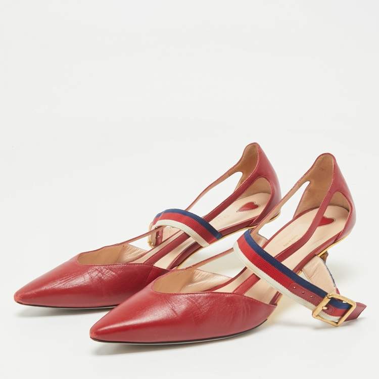 Pre Owned Gucci Red Leather Sylvie Web Strap Bamboo Heel Unia Pumps Size 38