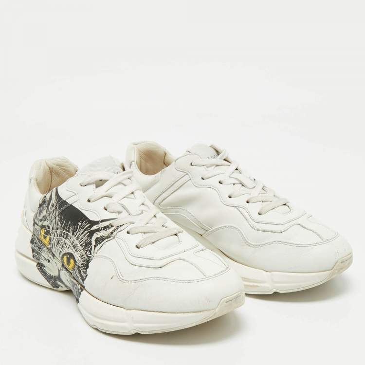 Pre Owned Gucci White Leather Mystic Cat Rhyton Low Top Sneakers Size 39.5