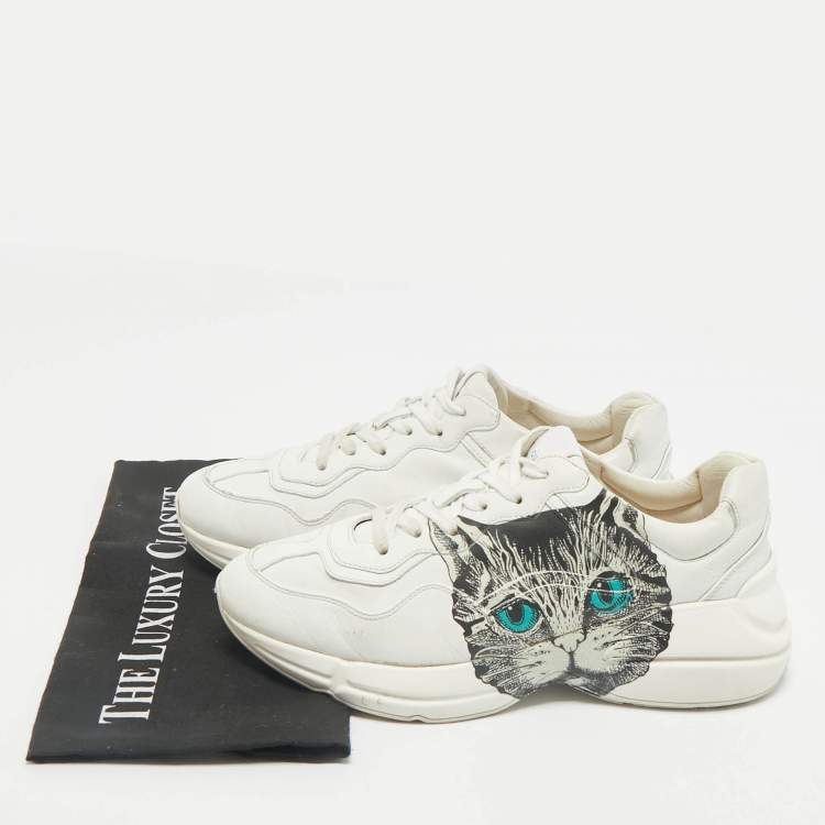 Pre Owned Gucci White Leather Mystic Cat Rhyton Low Top Sneakers Size 39.5