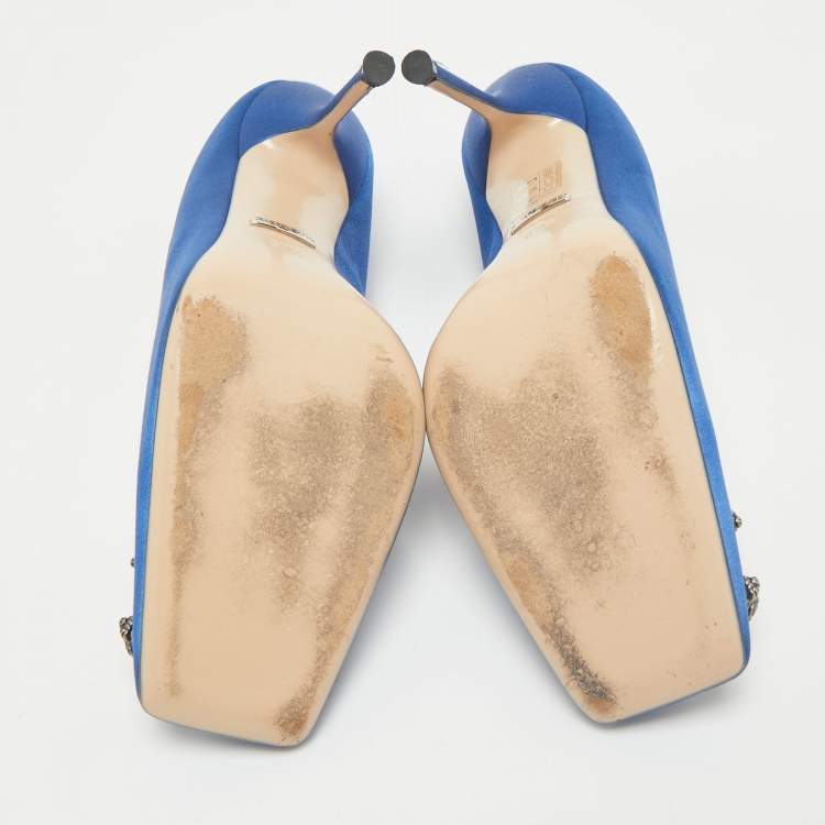 Pre Owned Gucci Blue Satin Embellished Dionysus Pumps Size 37.5
