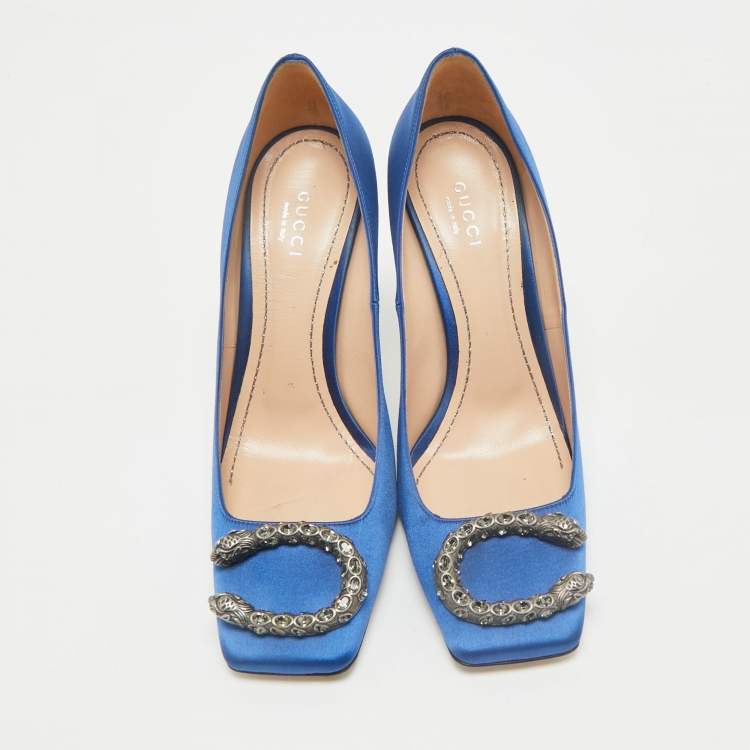 Pre Owned Gucci Blue Satin Embellished Dionysus Pumps Size 37.5