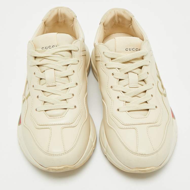 Pre Owned Gucci Cream Leather Vintage Logo Rhyton Sneakers Size 36.5