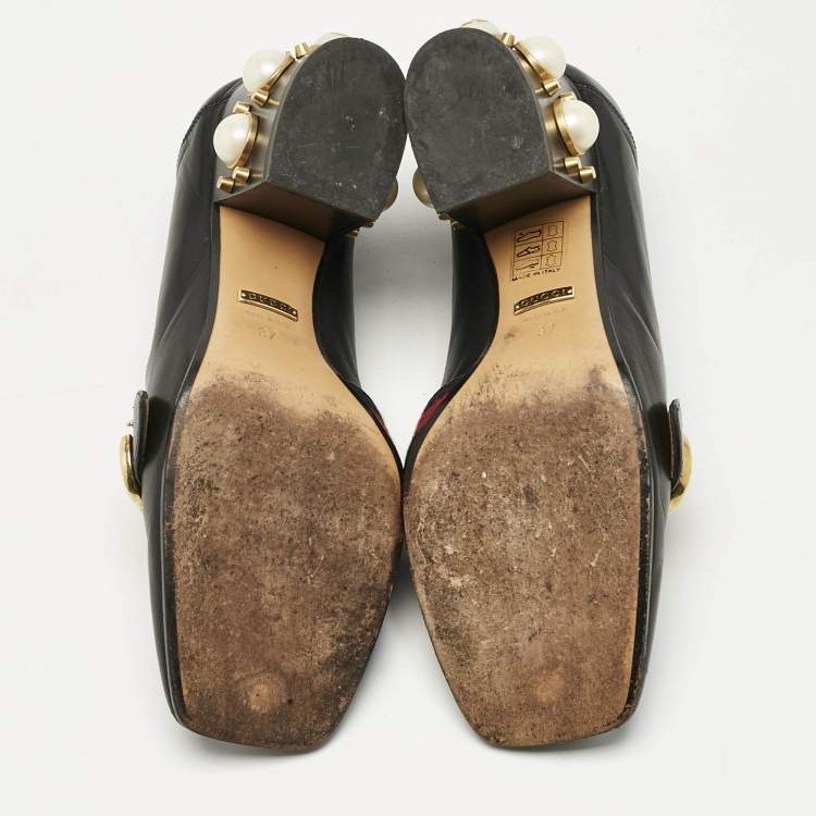 Pre Owned Gucci Black Leather and Canvas Web Loafer Pumps Size 37