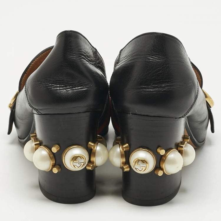 Pre Owned Gucci Black Leather and Canvas Web Loafer Pumps Size 37