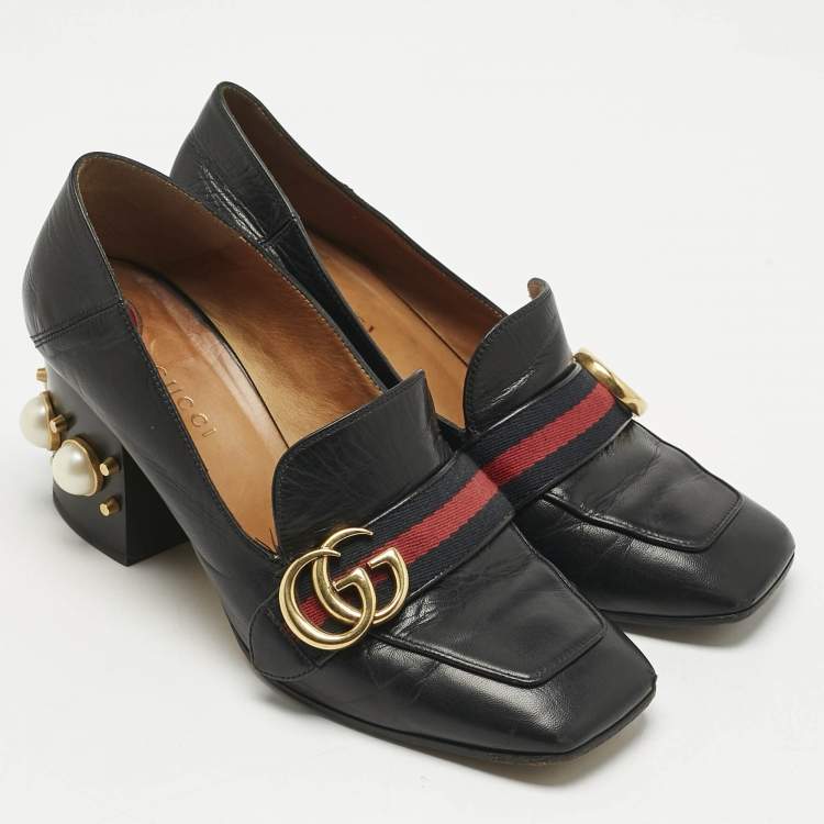 Pre Owned Gucci Black Leather and Canvas Web Loafer Pumps Size 37