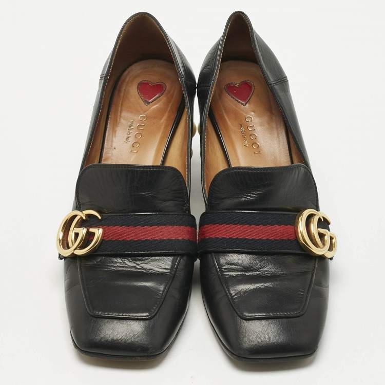 Pre Owned Gucci Black Leather and Canvas Web Loafer Pumps Size 37