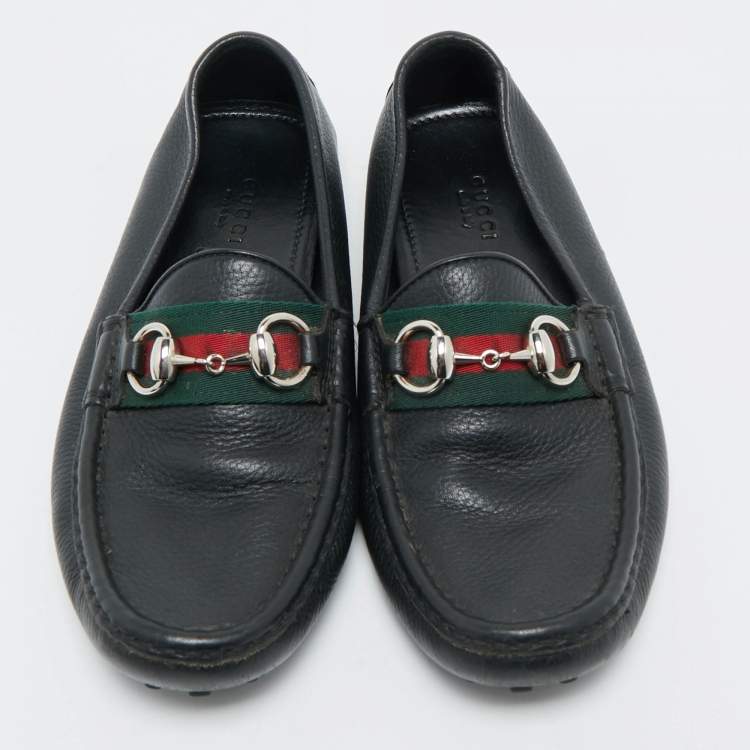 Pre Owned Gucci Black Leather Horsebit Web Loafers Size 35