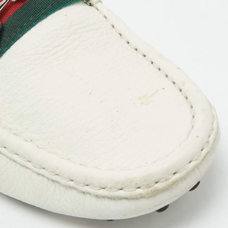 Pre Owned Gucci White Leather Web Horsebit Slip On Loafers Size 35.5