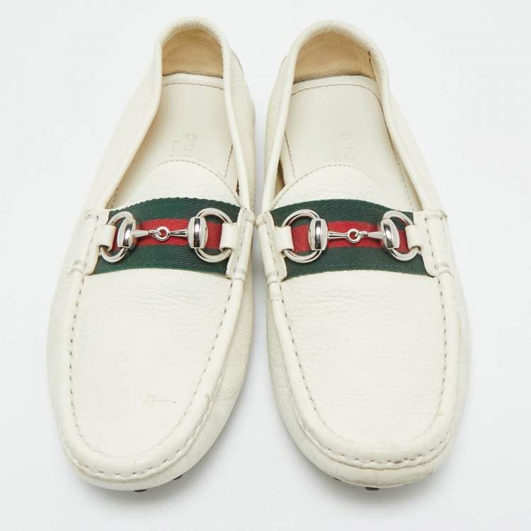Pre Owned Gucci White Leather Web Horsebit Slip On Loafers Size 35.5