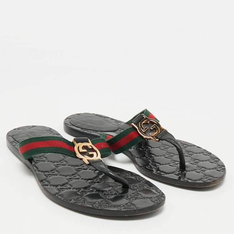 Pre Owned Gucci Black Leather GG Marmont Thong Flats Size 36