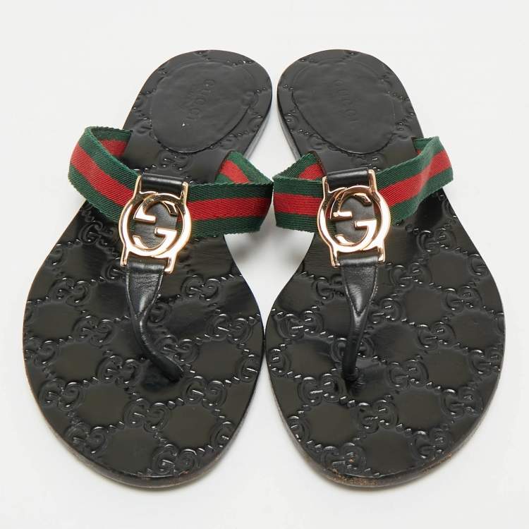 Pre Owned Gucci Black Leather GG Marmont Thong Flats Size 36