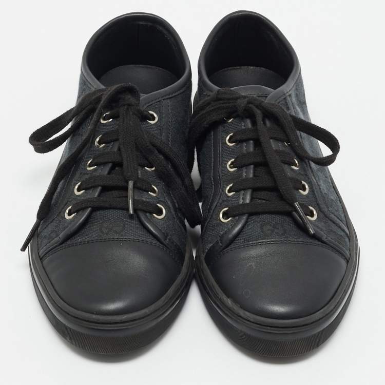 Pre Owned Gucci Black GG  Canvas and Leather Web Lace Up Sneakers Size 36.5