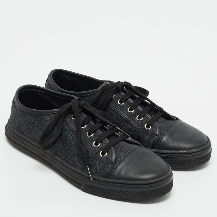 Pre Owned Gucci Black GG  Canvas and Leather Web Lace Up Sneakers Size 36.5