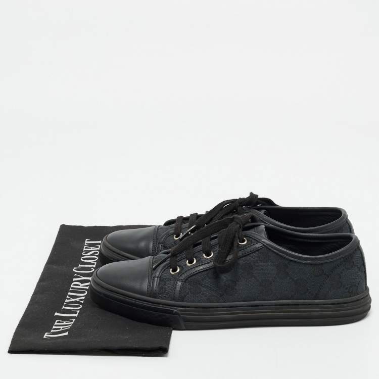 Pre Owned Gucci Black GG  Canvas and Leather Web Lace Up Sneakers Size 36.5