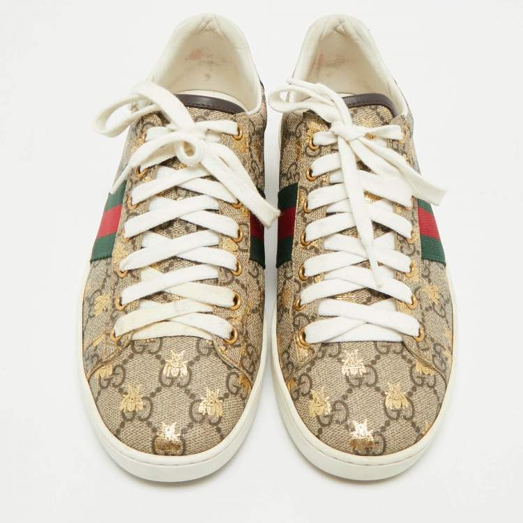 Pre Owned Gucci Brown Canvas And Embossed Python Leather Ace Web Sneakers Size 38