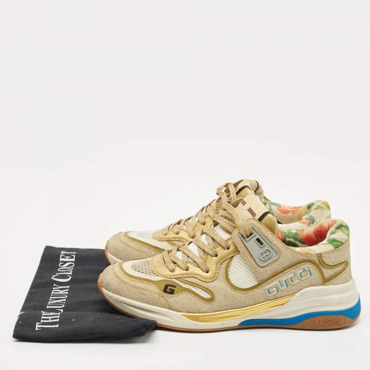 Pre Owned Gucci Gold/White Mesh, Glitter and Leather Ultrapace Low Top Sneakers Size 37.5