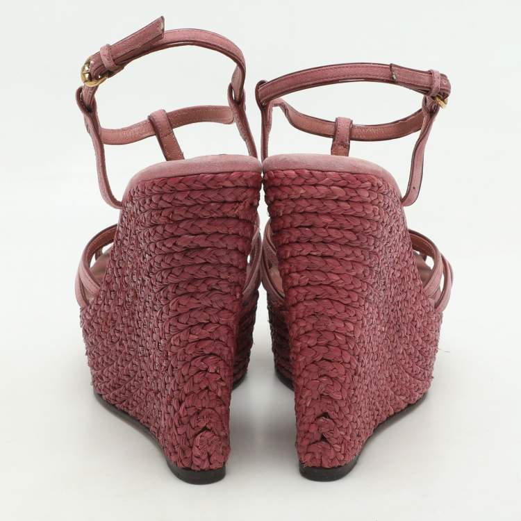 Pre Owned Gucci Pink Suede Strappy Wedge Espadrille Ankle Strap Sandals Size 39