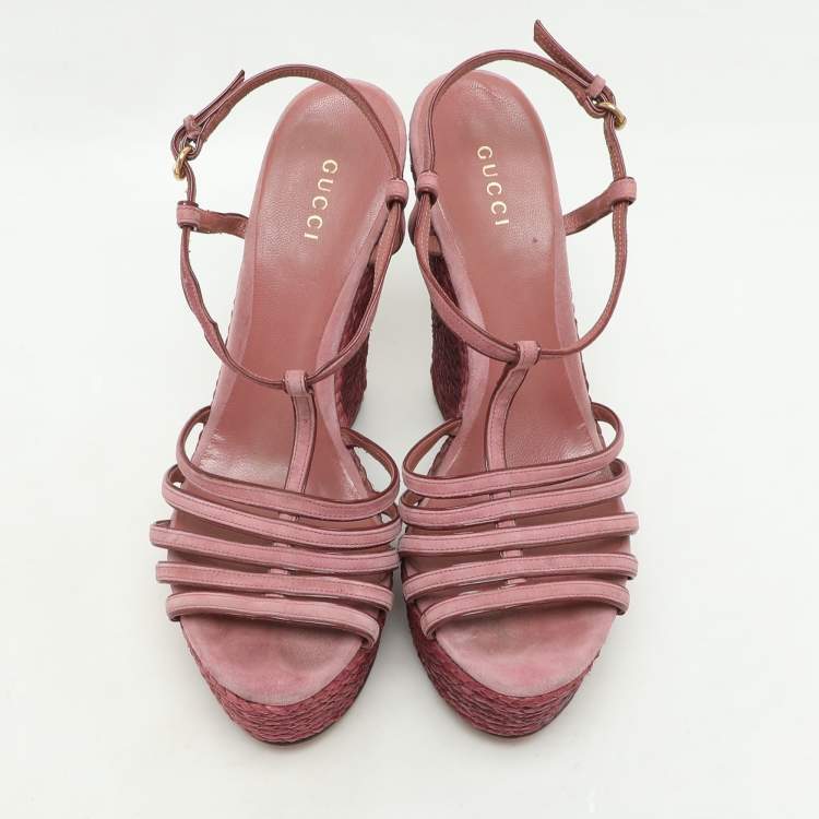 Pre Owned Gucci Pink Suede Strappy Wedge Espadrille Ankle Strap Sandals Size 39