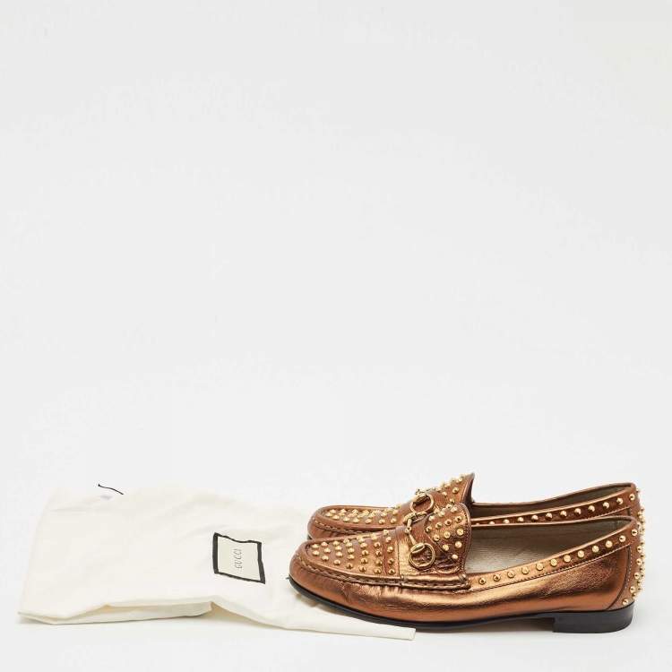 Pre Owned Gucci Gold Leather Spike Embellished Slip On Loafers Size 38