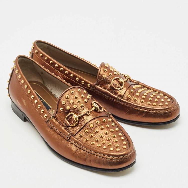 Pre Owned Gucci Gold Leather Spike Embellished Slip On Loafers Size 38
