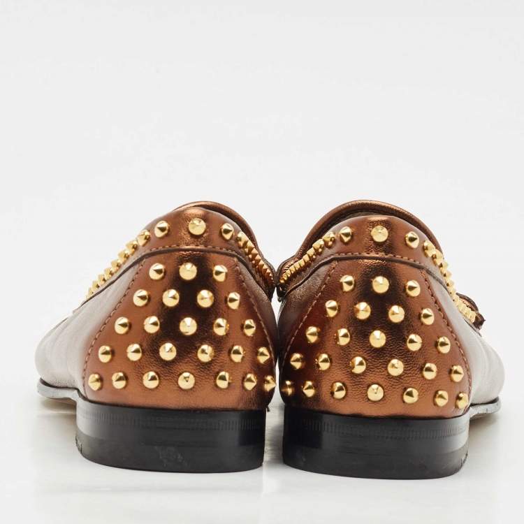 Pre Owned Gucci Gold Leather Spike Embellished Slip On Loafers Size 38