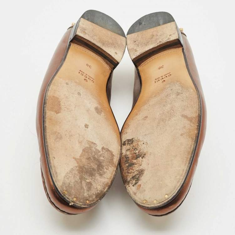 Pre Owned Gucci Gold Leather Spike Embellished Slip On Loafers Size 38