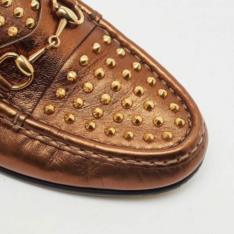 Pre Owned Gucci Gold Leather Spike Embellished Slip On Loafers Size 38