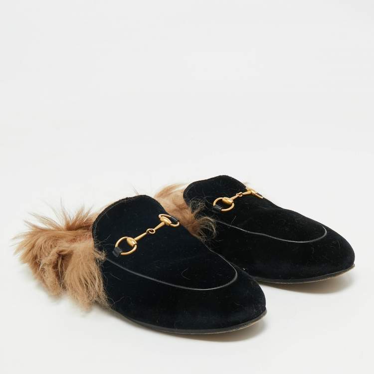 Pre Owned Gucci Black Velvet And Fur Lined Princetown Flat Mules Size 39.5