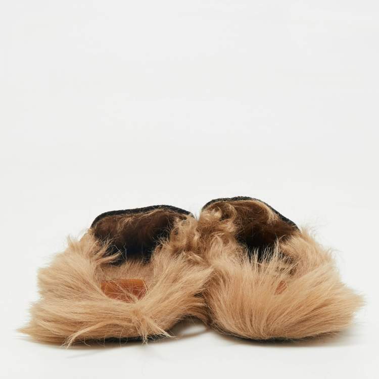 Pre Owned Gucci Black Velvet And Fur Lined Princetown Flat Mules Size 39.5