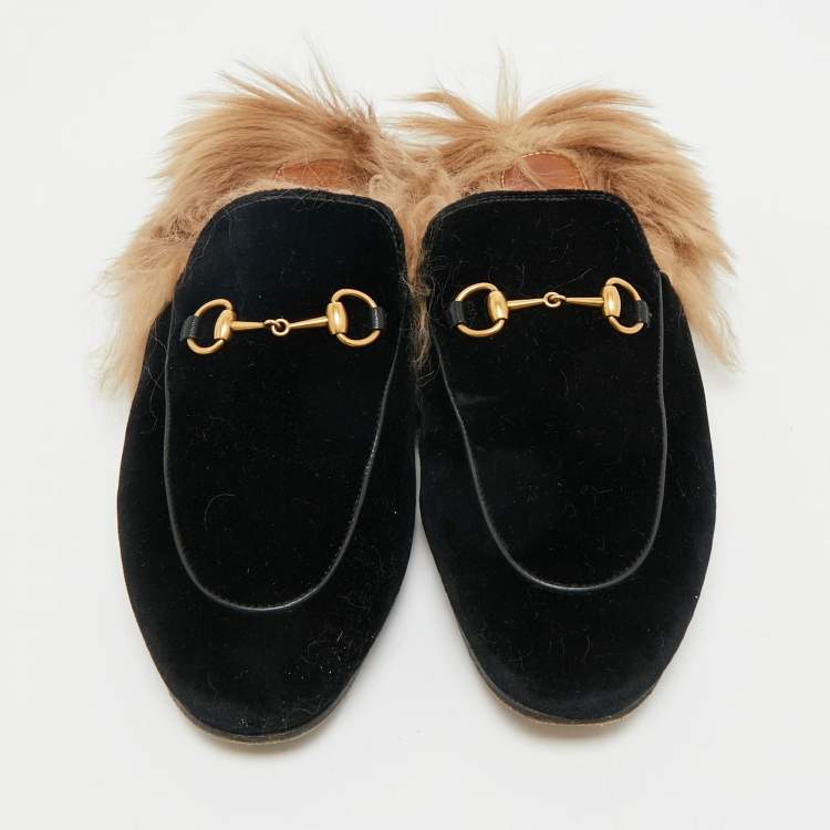Pre Owned Gucci Black Velvet And Fur Lined Princetown Flat Mules Size 39.5