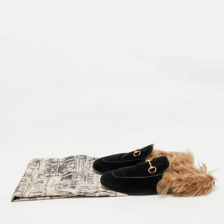 Pre Owned Gucci Black Velvet And Fur Lined Princetown Flat Mules Size 39.5