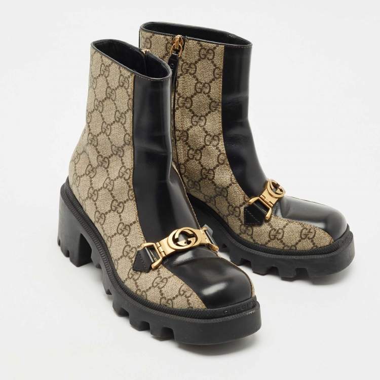 Pre Owned Gucci Beige/Black GG Supreme Canvas and Leather Interlocking G Ankle Boots Size 36.5