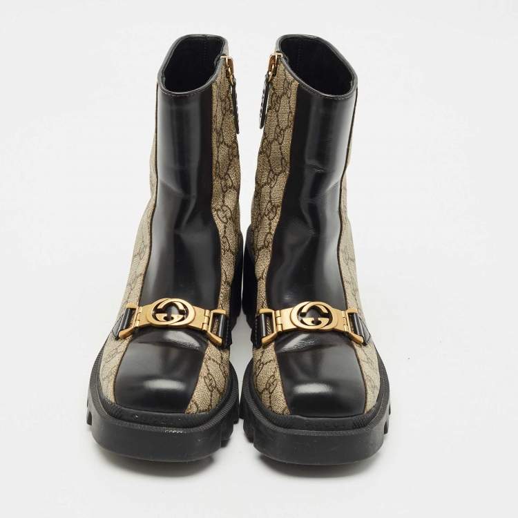 Pre Owned Gucci Beige/Black GG Supreme Canvas and Leather Interlocking G Ankle Boots Size 36.5