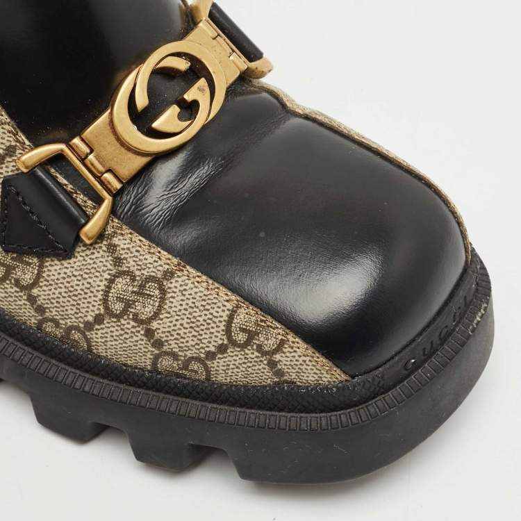 Pre Owned Gucci Beige/Black GG Supreme Canvas and Leather Interlocking G Ankle Boots Size 36.5