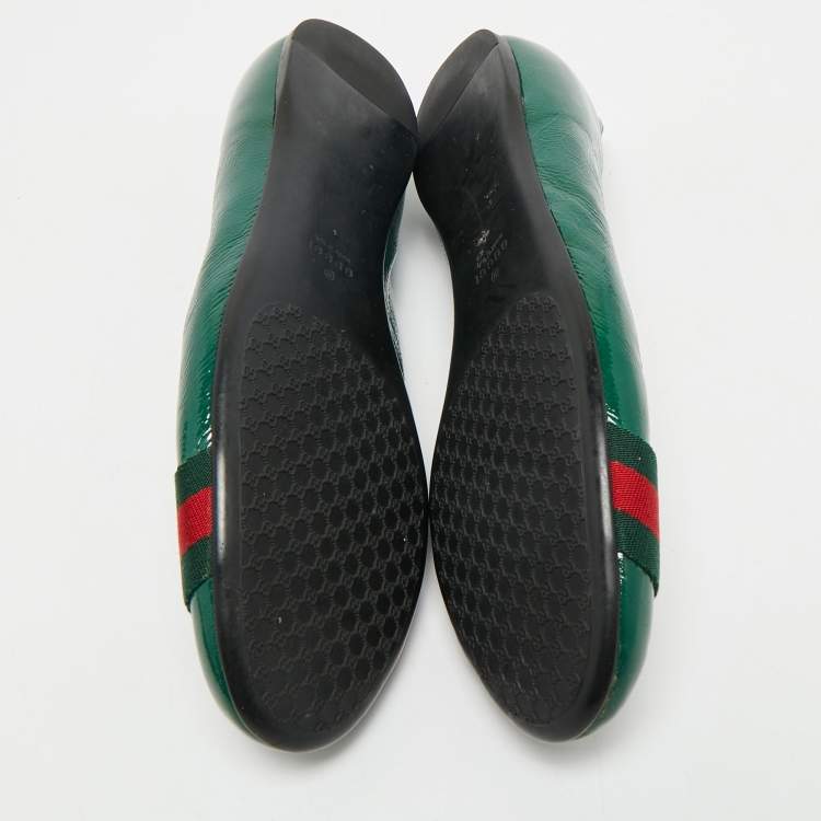 Pre Owned Gucci Green Leather Web Detail Ballet Flats Size 37