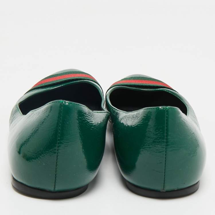 Pre Owned Gucci Green Leather Web Detail Ballet Flats Size 37