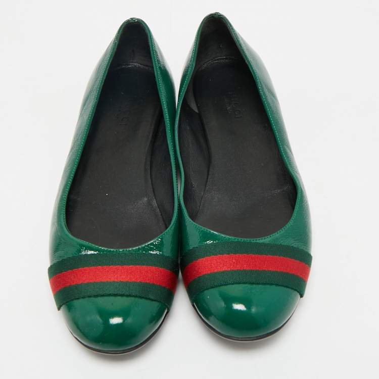 Pre Owned Gucci Green Leather Web Detail Ballet Flats Size 37