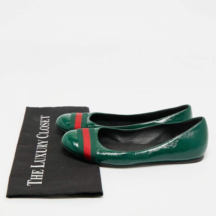 Pre Owned Gucci Green Leather Web Detail Ballet Flats Size 37
