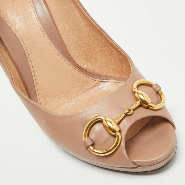 Pre Owned Gucci Dusty Pink Leather Horsebit Peep Toe Pumps Size 40