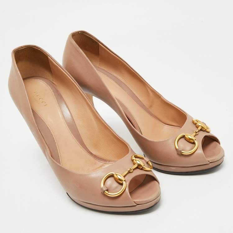 Pre Owned Gucci Dusty Pink Leather Horsebit Peep Toe Pumps Size 40