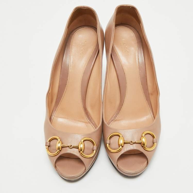 Pre Owned Gucci Dusty Pink Leather Horsebit Peep Toe Pumps Size 40