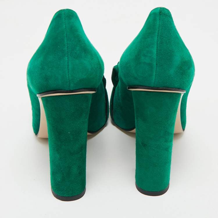 Pre Owned Gucci Green Suede GG Marmont Fringe Pumps Size 38
