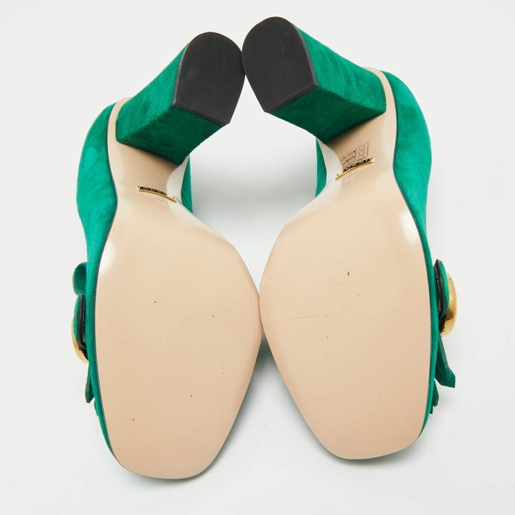 Pre Owned Gucci Green Suede GG Marmont Fringe Pumps Size 38