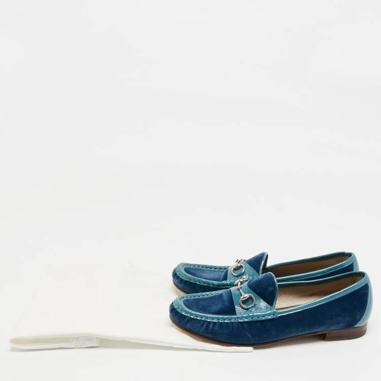 Pre Owned Gucci Blue Velvet and Patent Horsebit Slip On Loafers Size 38