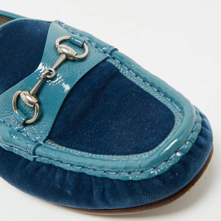 Pre Owned Gucci Blue Velvet and Patent Horsebit Slip On Loafers Size 38