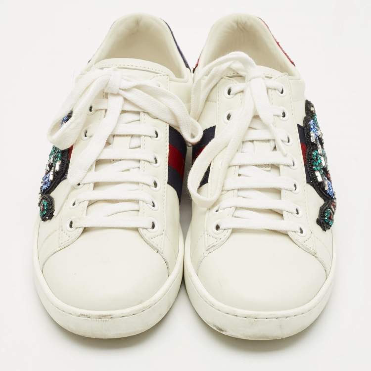 Pre Owned Gucci White Leather and Snakeskin Embossed Leather Ace Low Top Sneakers Size 35.5