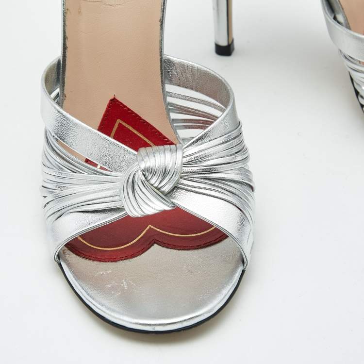 Pre Owned Gucci Silver Leather Allie Knot Ankle Strap Sandals Size 36