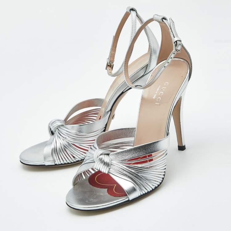 Pre Owned Gucci Silver Leather Allie Knot Ankle Strap Sandals Size 36