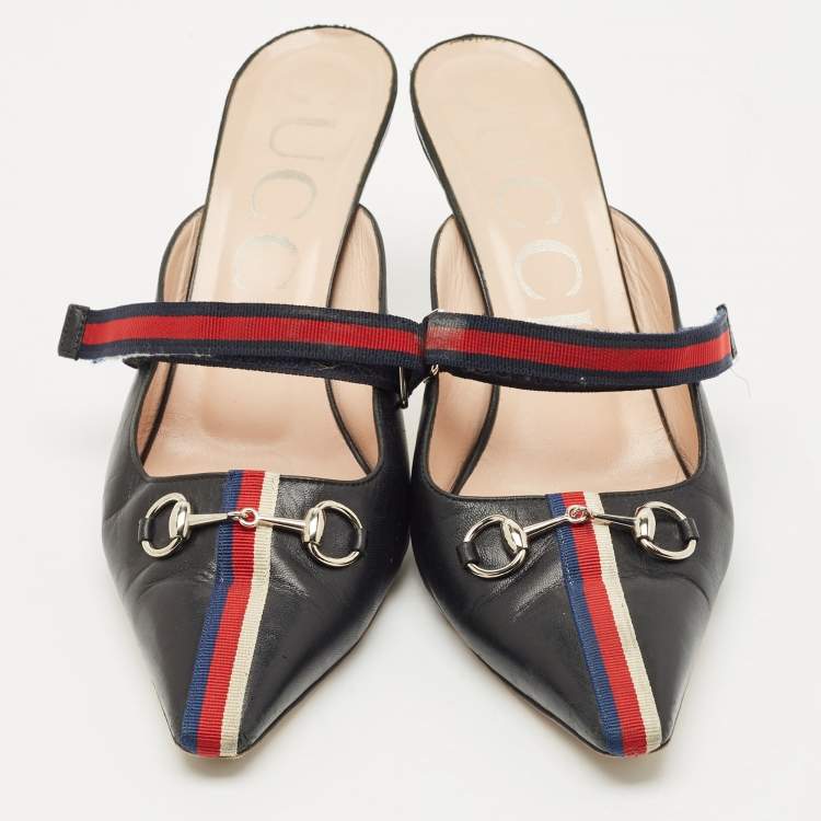 Pre Owned Gucci Black/Red Leather Emma Web Strap Horsebit Mules Size 40.5